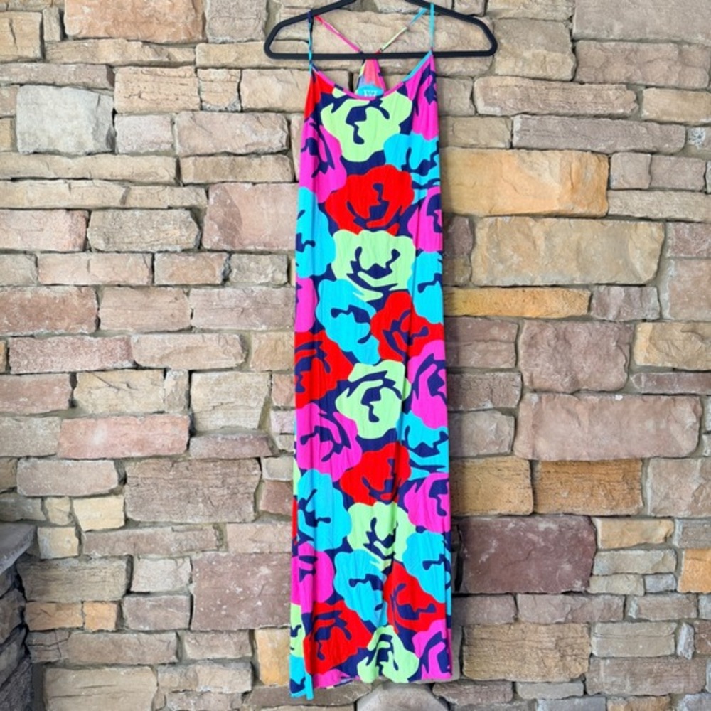 Escapada XS Kira Women Pink Blue Abstract Floral Rayon Maxi Dress Resort Beach